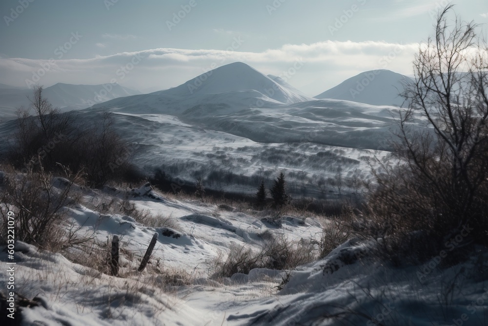 Poster a snowy landscape with mountains in the distance and a fence in the foreground with trees and bushes