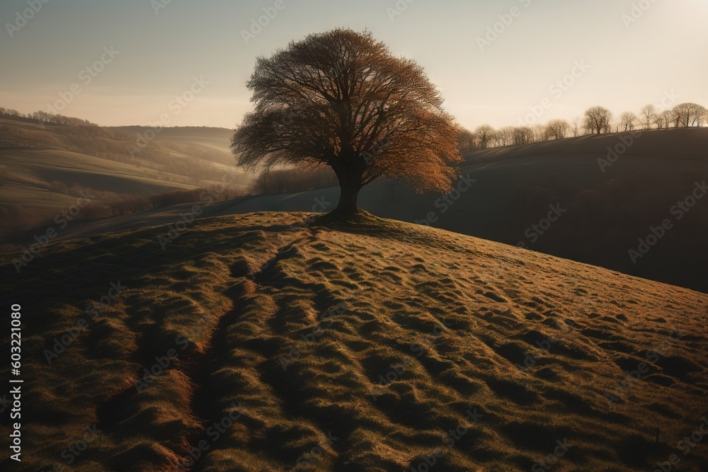 Poster a lone tree on a hill with a sun shining in the background and a trail in the middle of the field wi