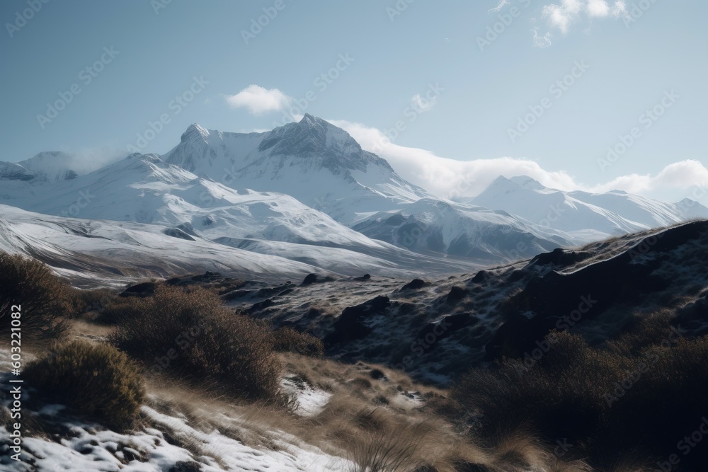 Poster a snowy mountain range with shrubs and bushes in the foreground and a blue sky with clouds in the ba