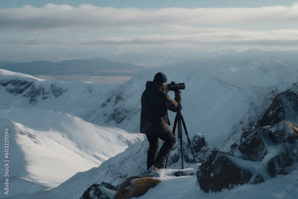 Poster  a man standing on top of a snow covered mountain taking a picture of the mountains with a camera on a tripod in front of him.  generative ai