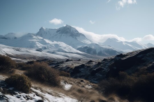  a snowy mountain range with shrubs and bushes in the foreground and a blue sky with clouds in the background with a few clouds in the sky.  generative ai