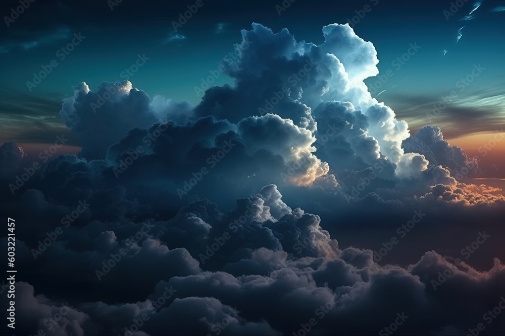 Poster a view of the sky from an airplane window with clouds in the foreground and a sunset in the distance