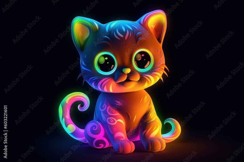Poster a colorful kitten sitting on a black background with a glowing light on it's face and eyes, with a b