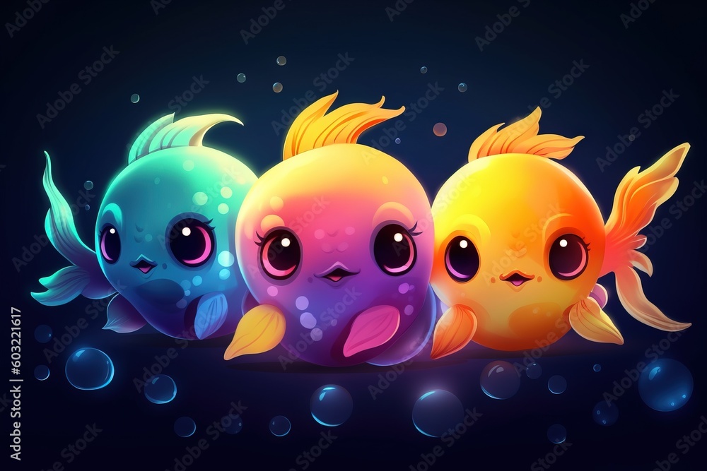 Poster three little fish with big eyes are lined up in a row on a dark background, with bubbles around them