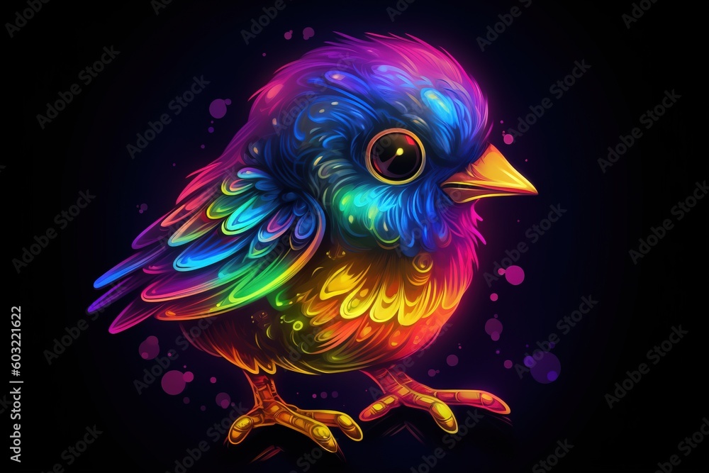 Poster a brightly colored bird sitting on a black background with a black background and a black background