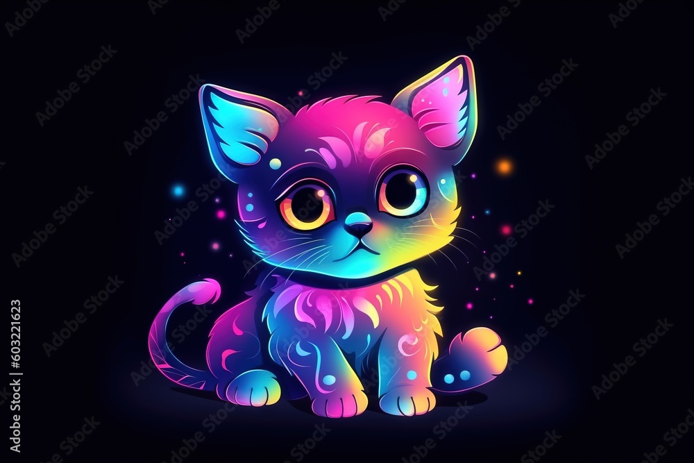 Poster a little kitten with glowing eyes sitting on a black background with stars and a neon glow in the da