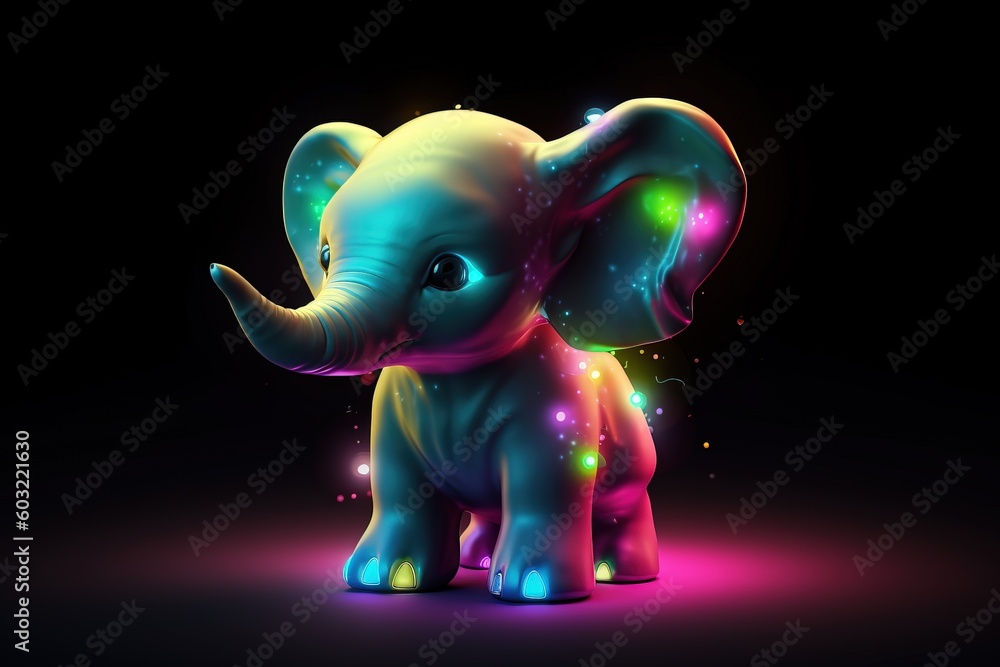Aufkleber a small elephant with glowing lights on it's face and trunk, standing in the dark with its trunk up 
