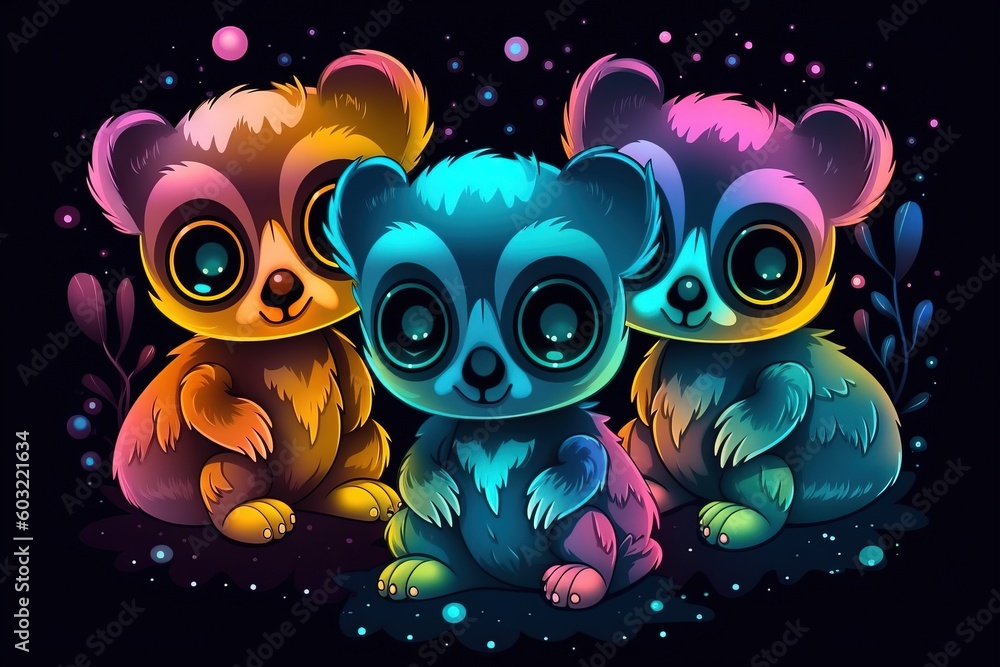 Poster three little bears sitting next to each other on a dark background with bubbles and stars in the bac