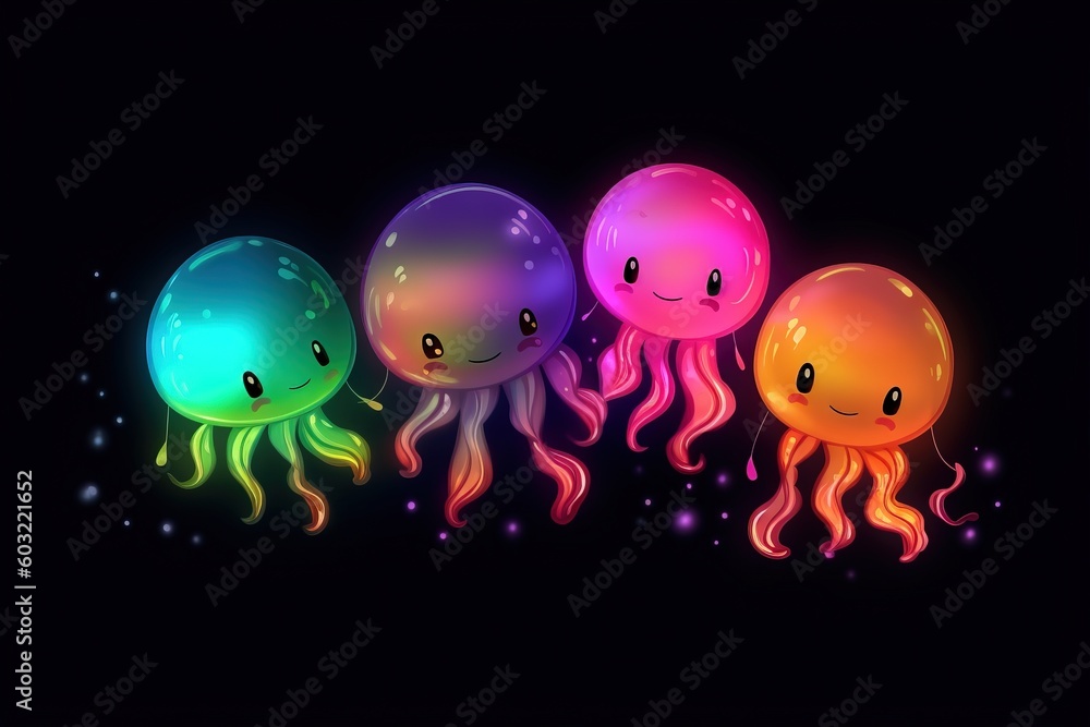 Poster a group of jelly fish floating in a dark room with a black background and a rainbow glow in the midd