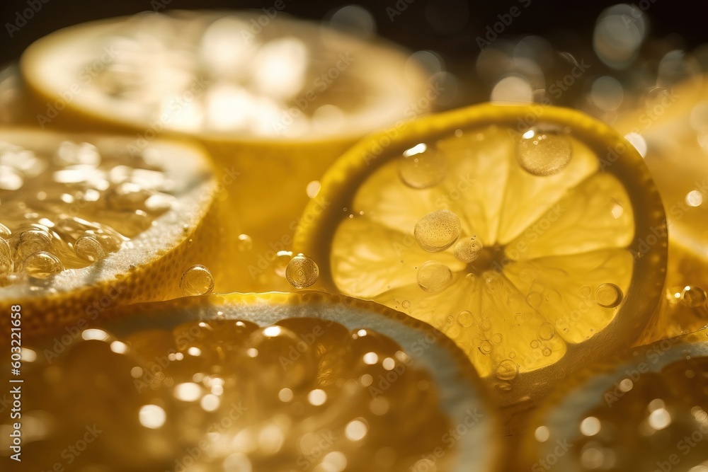 Aufkleber a close up of a sliced lemon with water droplets on it's surface and a black background with a few o
