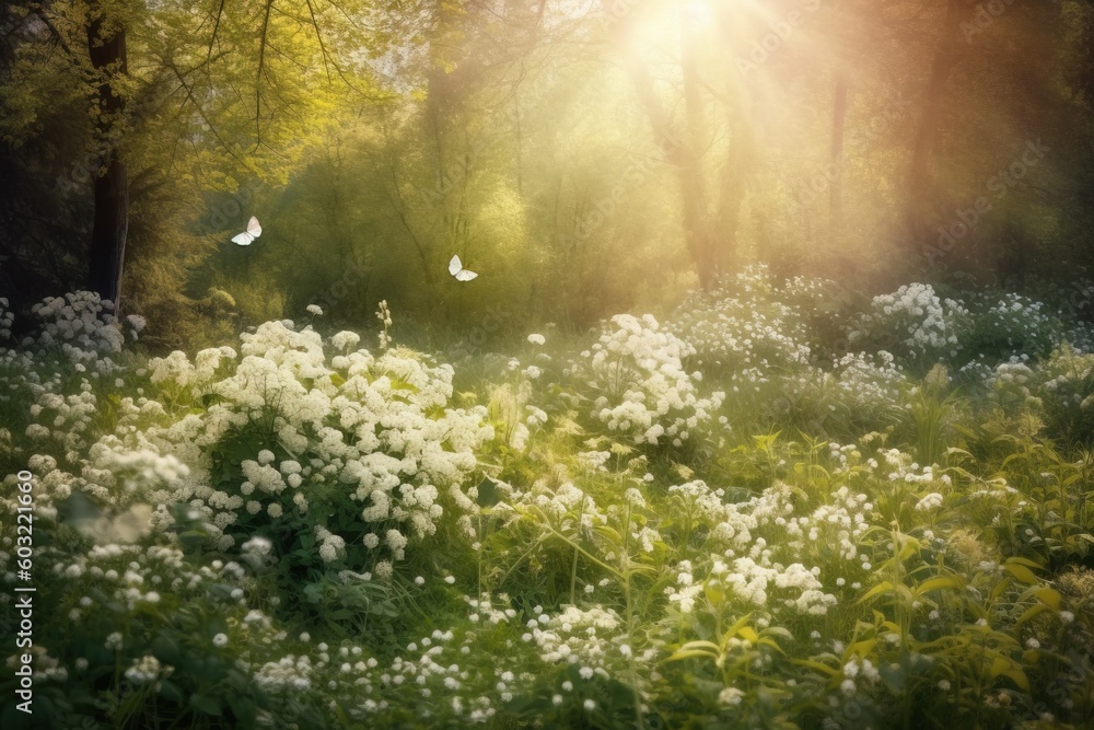 Poster a field of white flowers and trees in the background with a sunbeam in the middle of the picture and