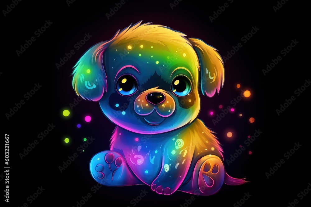 Poster a colorful dog sitting on a black background with a black background and a black background with a b
