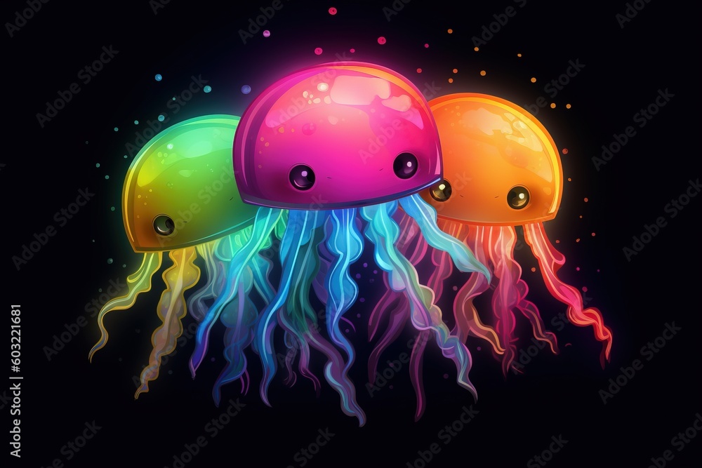 Poster a group of jelly fish floating in the water with colorful jelly fish floating around them on a black