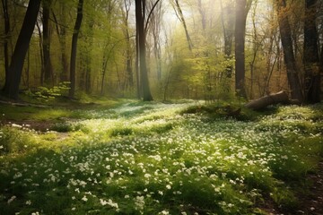  a lush green forest filled with lots of trees and white flowers on a sunny day with sun shining through the trees and flowers on the ground.  generative ai