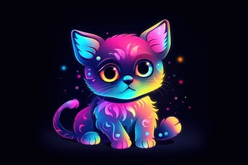  a little kitten with glowing eyes sitting on a black background with stars and a neon glow in the dark background is a black background with a.  generative ai