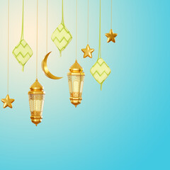 3D Render Islamic Ramadan And Eid With Golden Lantern And Ketupat Background