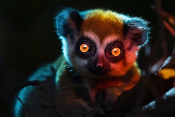  a close up of a small animal on a tree branch with bright orange eyes and a black background with a tree branch with a branch in the foreground.  generative ai
