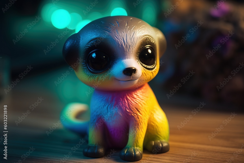 Poster a small toy dog sitting on a table with a blurry light in the background of the image behind it is a