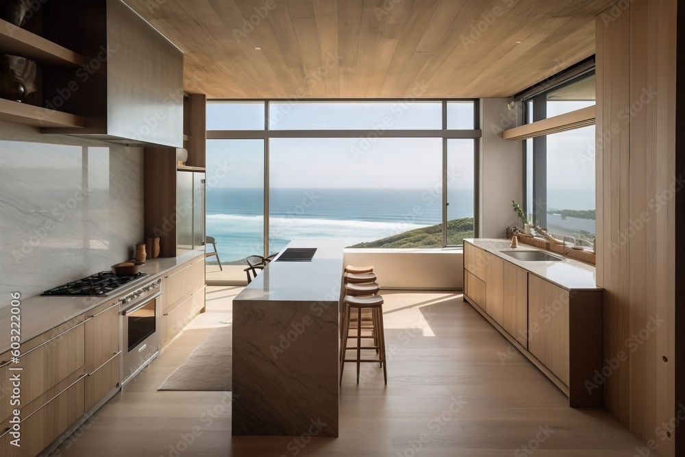 Poster  a kitchen with a large window and a view of the ocean in the background and a table with chairs in the foreground and a counter with stools on the right.  generative ai