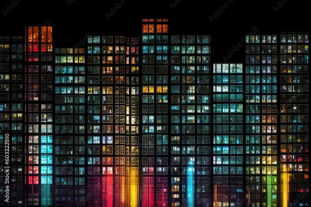 Poster a large building that has many windows on it's sides and a lot of windows on the side of it that are