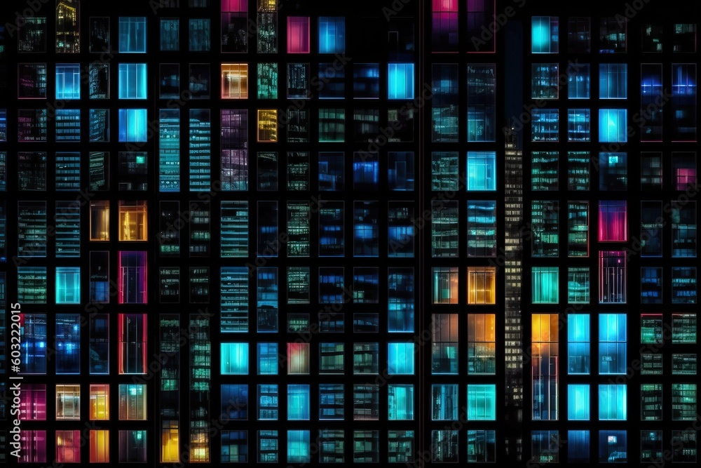 Poster a large group of windows that are all lit up in different colors and shapes, all of which are bright