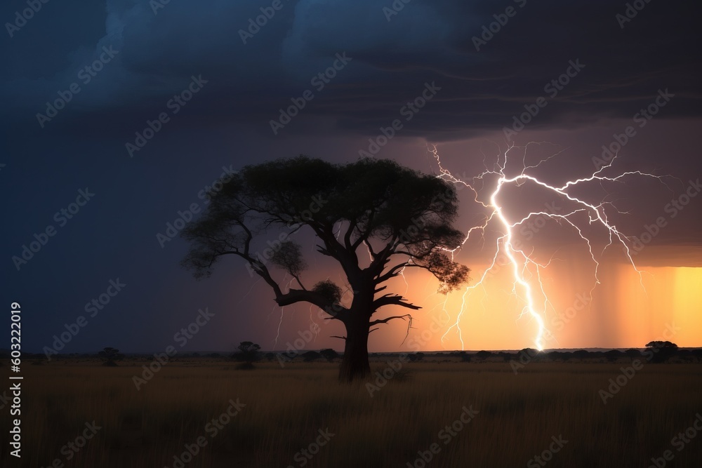 Poster a lightning storm is seen over a tree in a field of grass and trees in the foreground, with a dark s