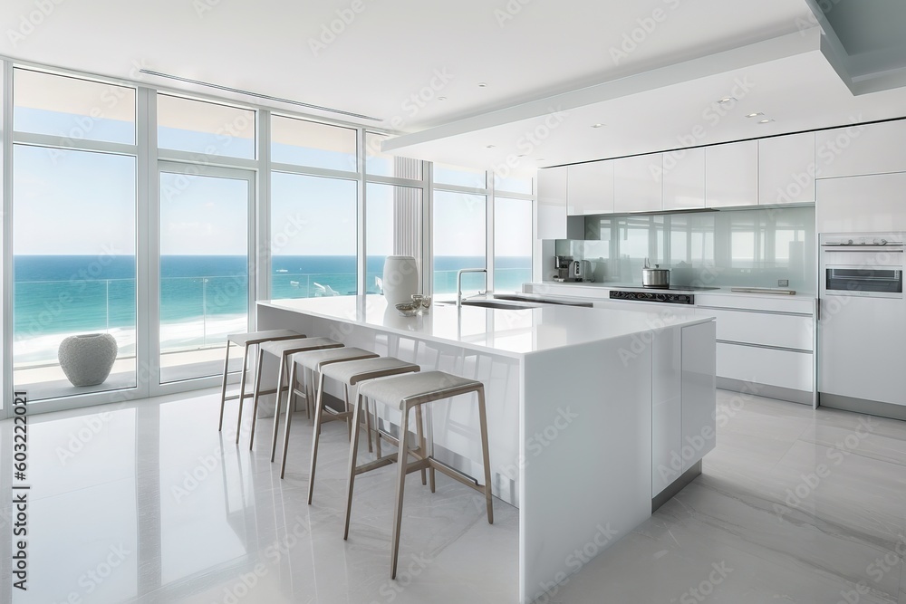 Poster  a kitchen with a large window and a view of the ocean and the ocean outside of the kitchen is white and has four stools and a counter with four stools.  generative ai