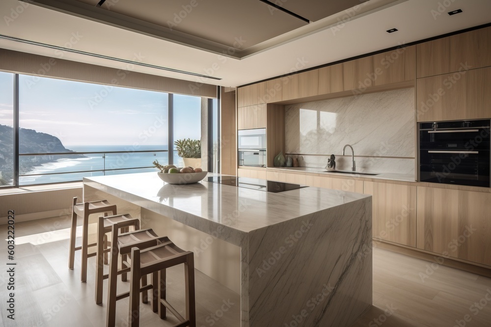 Poster a kitchen with a large marble island next to a large window with a view of the ocean and a bowl of f