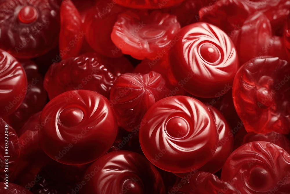 Aufkleber a close up of a bunch of red candy candies with swirls on top of them and on the bottom of the pictu