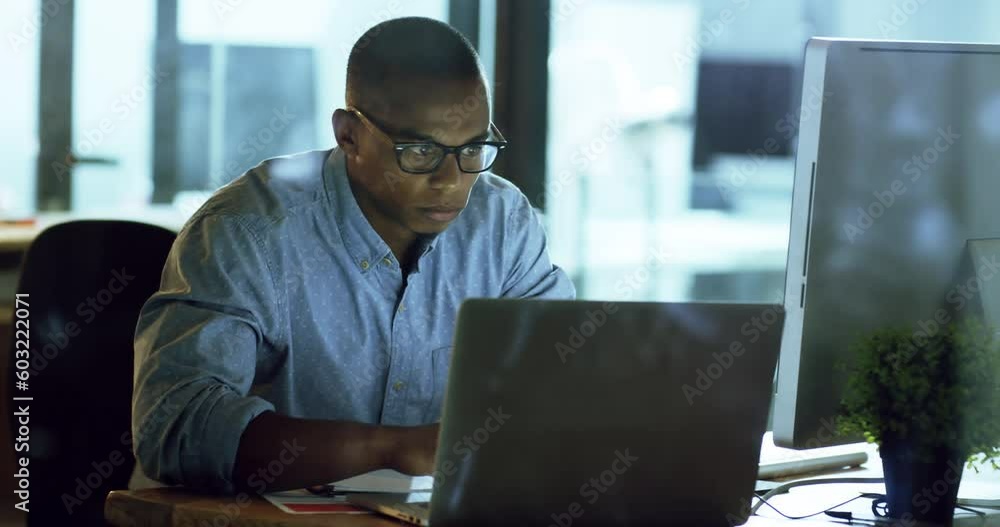 Poster night, computer software or black man coding on web design, cloud computing or fintech in office. in