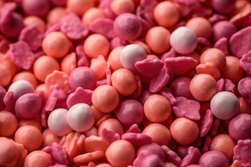 a pile of pink and white candies with white and pink hearts on top of them and a pink and white heart on the top of the candies.  generative ai