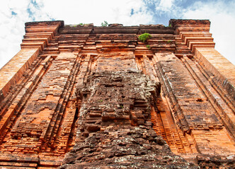 Tower in detail view of the facade, Nhan Tower in Ede and Jarai languages called Yang Ko Hmeng is a Champa tower located on Nhan mountain, a typical landscape of Tuy Hoa, Phu yen