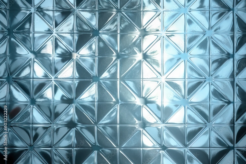 Poster a close up of a shiny metal surface with a pattern of squares and triangles on it, as well as the li