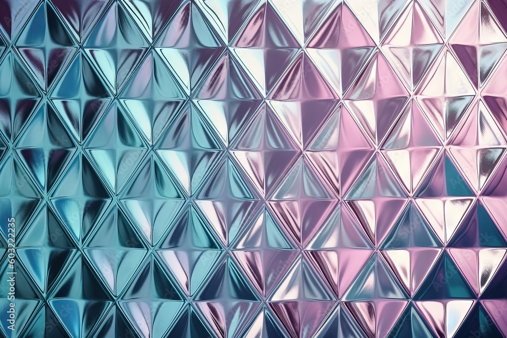 Poster a close up of a wall with many different colors of glass on it and a blue and pink wall in the backg