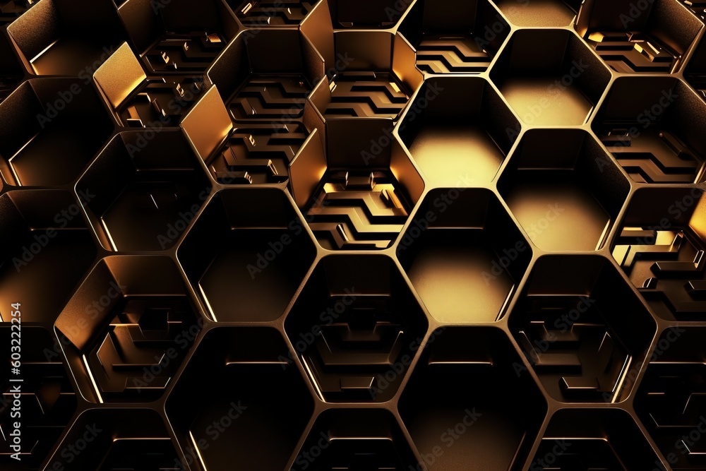 Poster a bunch of hexagons that are stacked together in a room with a light shining on the top of the room 