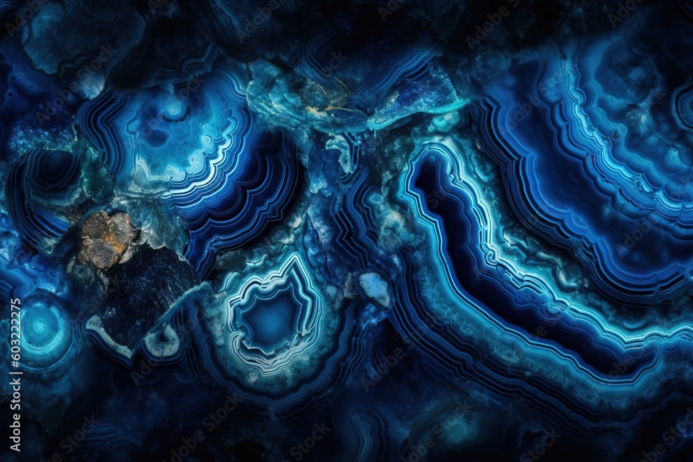 Poster a blue and black abstract painting with a earth in the middle of the image and a blue and white swir