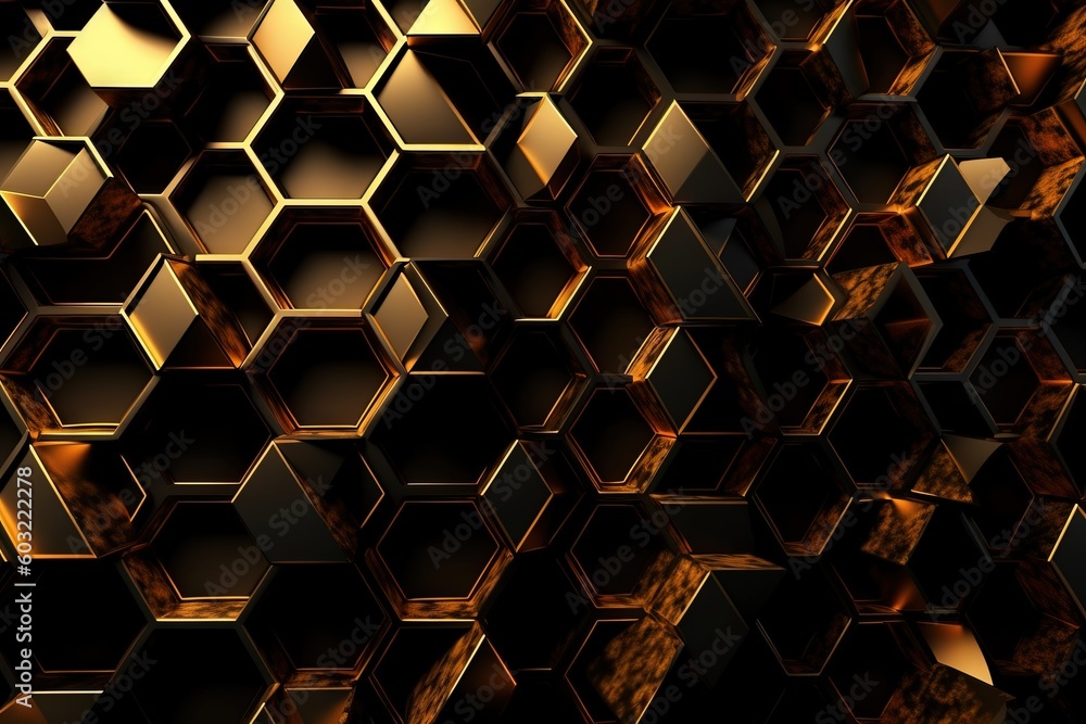 Poster a bunch of hexagonals that are all gold and black in a pattern of hexagonals, with a black backgroun
