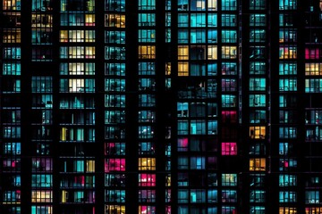  a very tall building with lots of windows lit up at night in the city at night, the windows are brightly lit up, and the building is brightly lit up at night.  generative ai