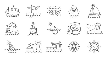 Port sea shore. Marine theme harbor icon set. Editable outline. Vector line. - 603222272
