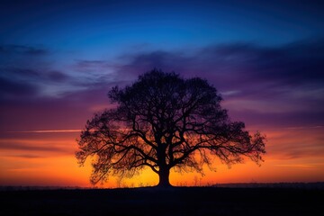 Fototapeta na wymiar a lone tree silhouetted against a colorful sunset in a field with a blue and purple sky in the background and a silhouette of a single tree in the foreground. generative ai