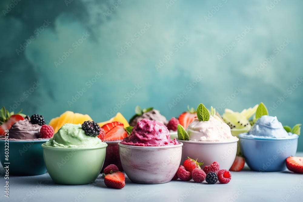 Poster a group of bowls filled with different types of ice cream and fruit on top of a table next to a wall