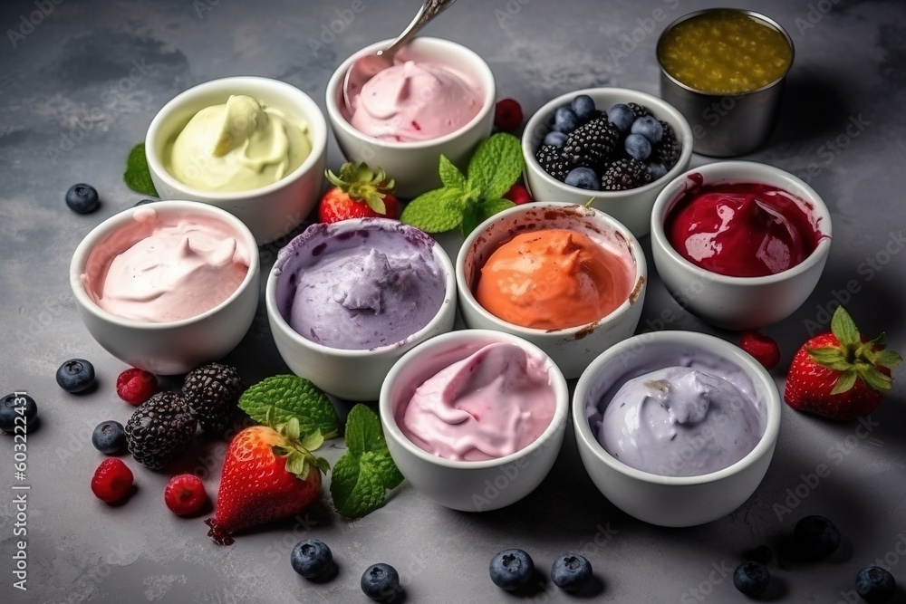 Poster a group of bowls filled with different types of ice cream and berries on a table with a spoon in eac