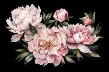  a painting of pink flowers with green leaves on a black background with a black background with a white border and a black background with a white border.  generative ai