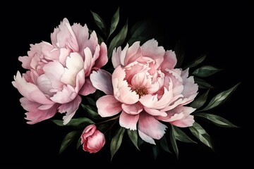  two pink peonies with green leaves on a black background with a black background and a black background with a white peonie.  generative ai