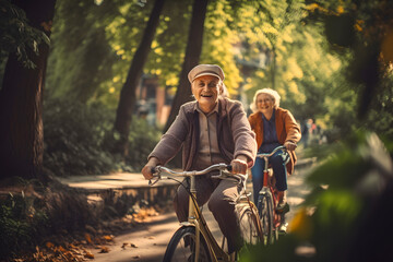 Cheerful active senior couple with bicycle in public park together having fun. Perfect activities for elderly people. Happy mature couple riding bicycles in park. Generative AI