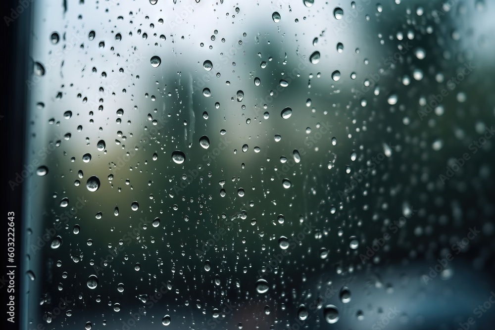 Aufkleber rain drops on a window with a blurry building in the distance in the distance is a blurry building i