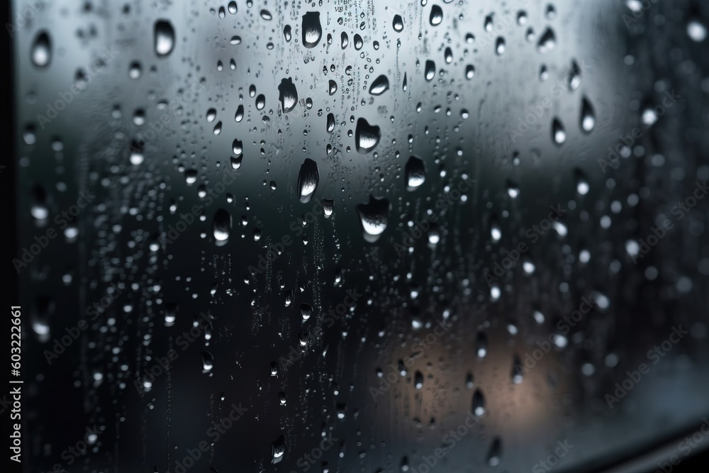 Aufkleber rain drops on a window pane with a blurry image of a building in the background in the evening hours