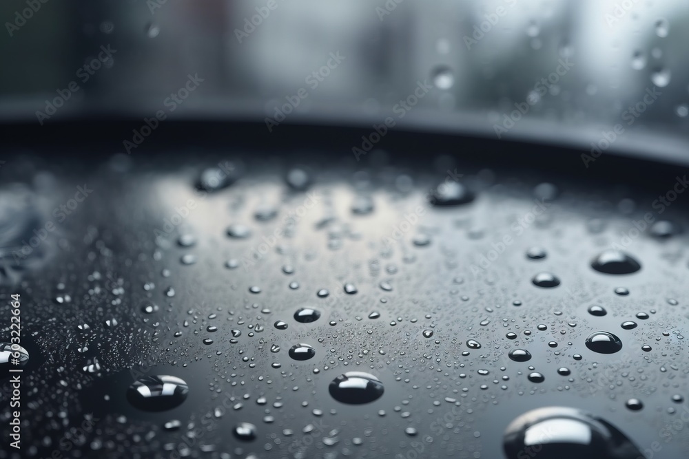 Aufkleber a close up of water droplets on a black surface with a blurry background of a building in the backgr