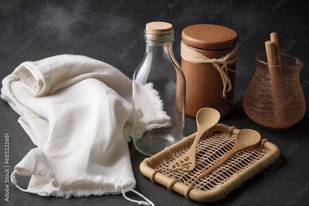 Poster a table topped with a bottle and a basket filled with items next to a cloth and a bottle of liquid a