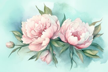  a painting of two pink flowers on a blue background with green leaves and watercolor paint strokes on the bottom half of the image and bottom half of the image.  generative ai